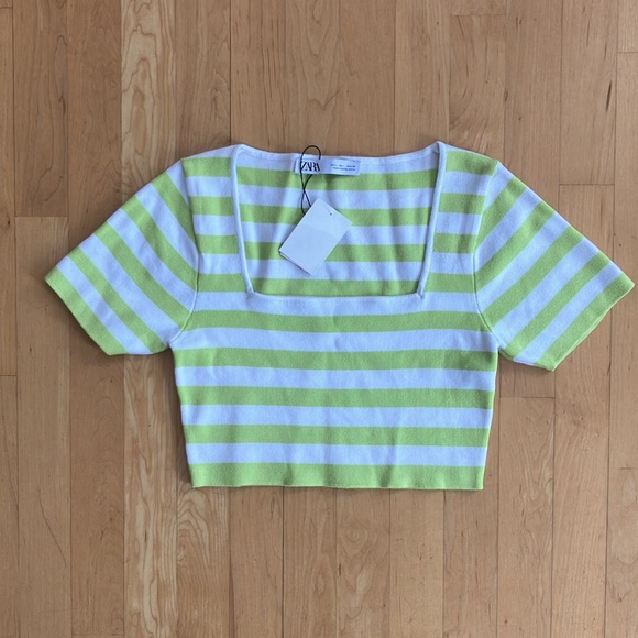NEW Zara Large cropped square-neck green white stripes sweater - Picture 3 of 10